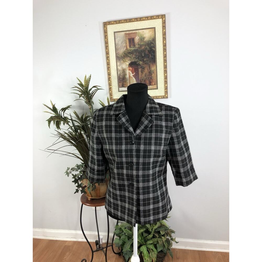Sevion Women Suit Jacket 8 Buttons Short Sleeve Plaid Office Siren Dark Academia
